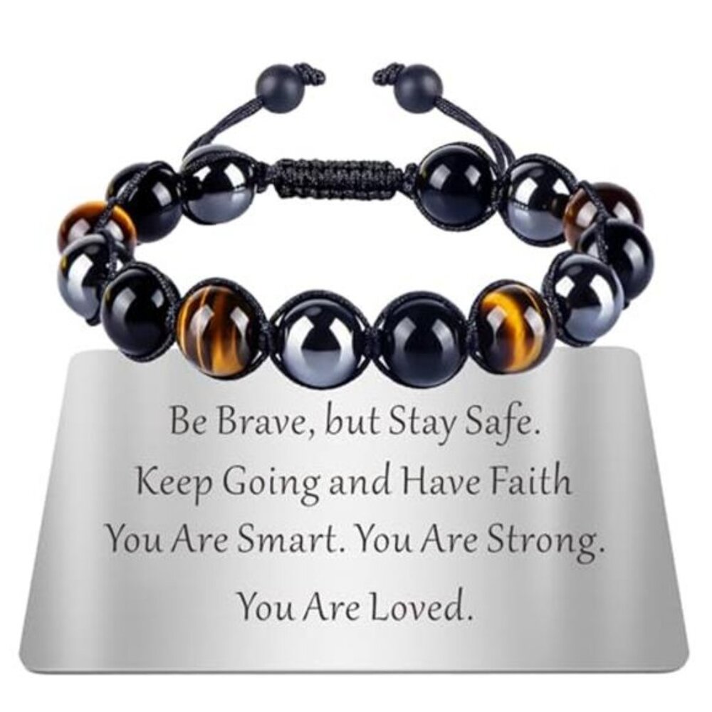 Mens Tiger Eye Bracelet Triple Protection Beaded Adjustable Crystal Gift